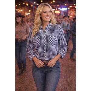 Bit & Bridle Blue Gingham Button Up Shirt Women L